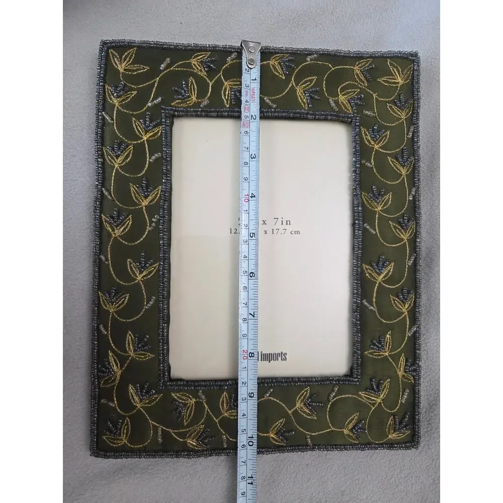 Pier 1 Imports Green Picture Frame Satin Beaded  Embroidered 5x7